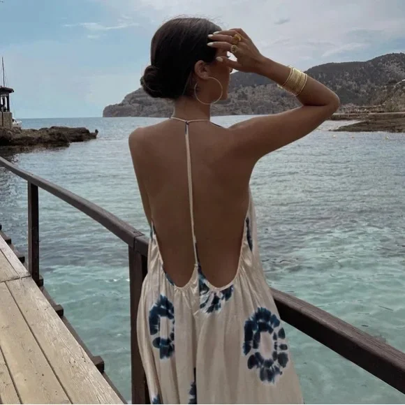 ZARA WRINKLE SATIN EFFECT MAXI LONG DRESS WHITE BLUE NWOT S - Picture 5 of 14